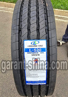 Ling Long L-S20 (рулевая) 225/75 R17.5 129/127M 14PR - Фото реального протектора с этикеткой вблизи